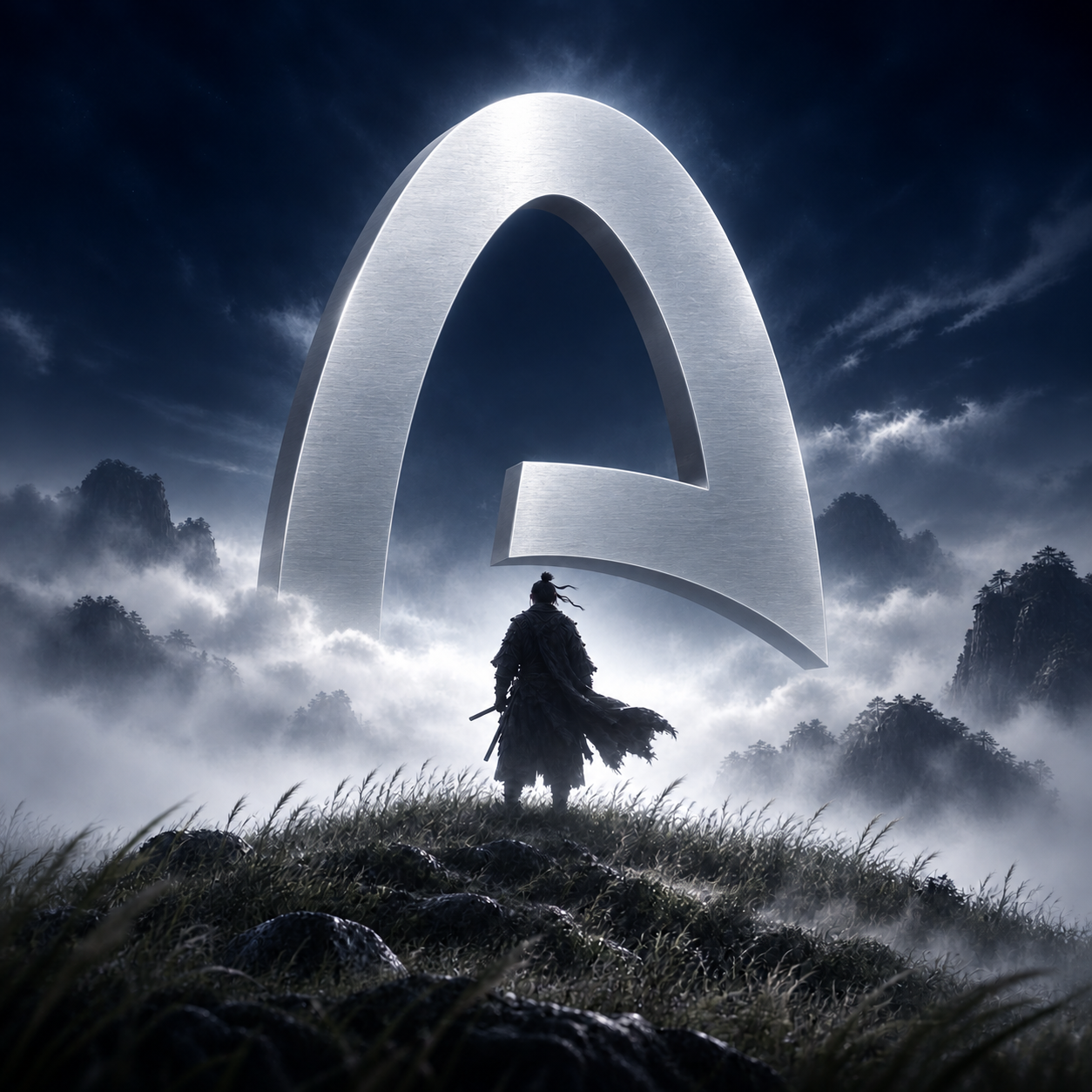 A lone warrior standing before a colossal silver arc rising above a sea of clouds